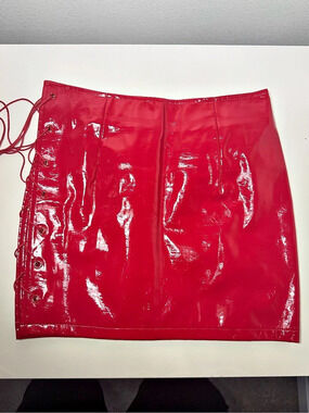 Danielle Guizio Devoiler Patent Lace Up Side Mini Skirt Red